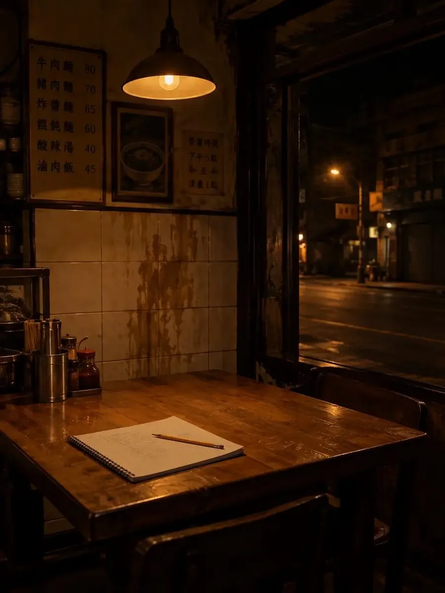深夜小吃店灶台边，暖黄吊灯照着木桌上的作业本和铅笔