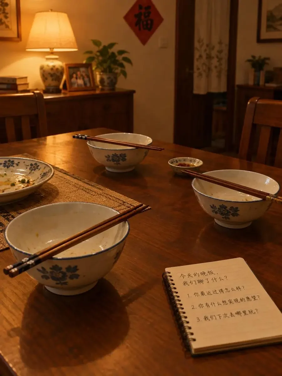 晚饭后收拾干净的餐桌,三只瓷碗旁放着一本写有三个问题的笔记 - 黄果AI短剧 晚饭后收拾干净的餐桌,三只瓷碗旁放着一本写有三个问题的笔记